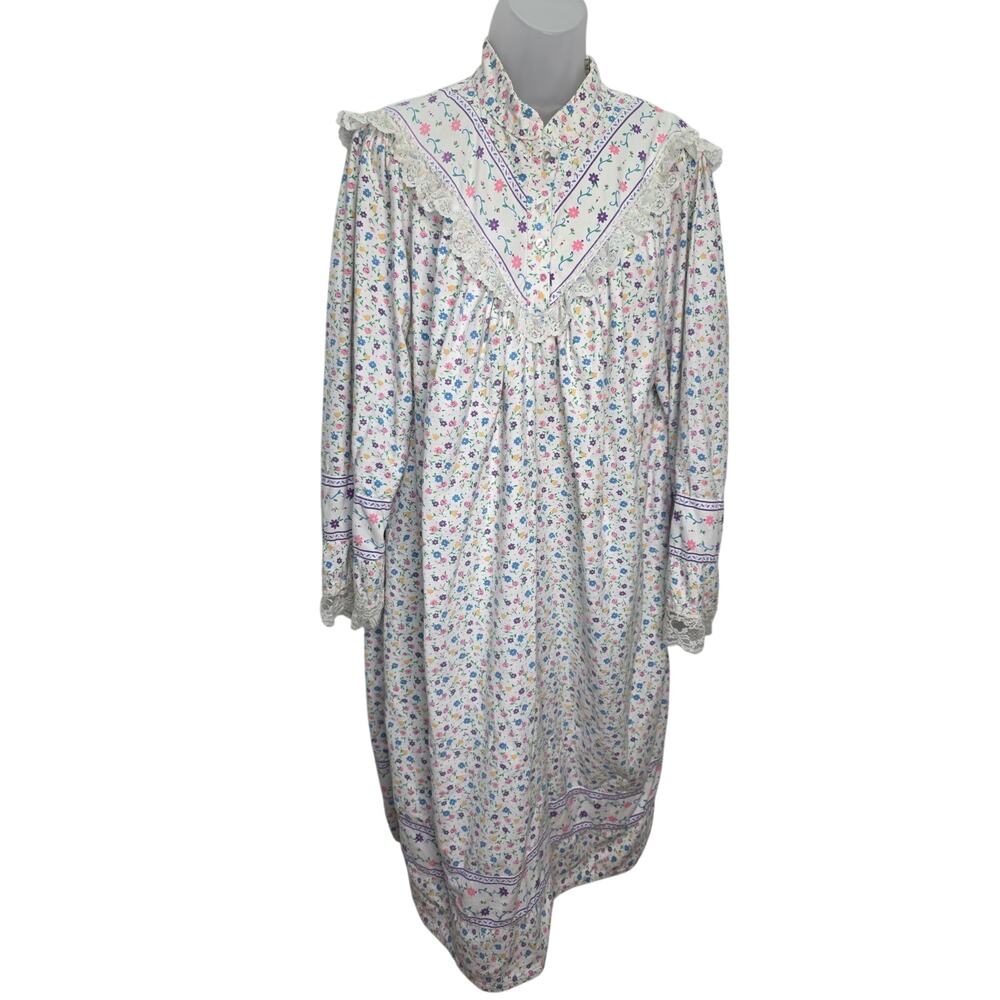 Vintage Dreamy Details 80's Floral Flannel Nightgown Lace Trim Cottagecore 22W